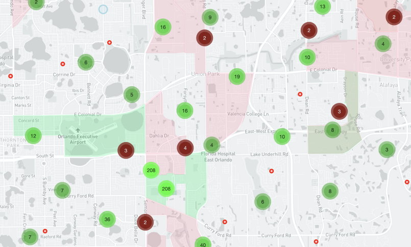 Southeast Orlando map with red dots indicating hungry families in need and green and red zones indicating food deserts.